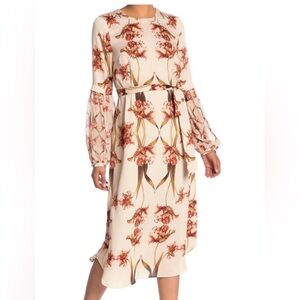 BCBG Maxazria | size large midi shirt dress, floral tulip dress, light pink